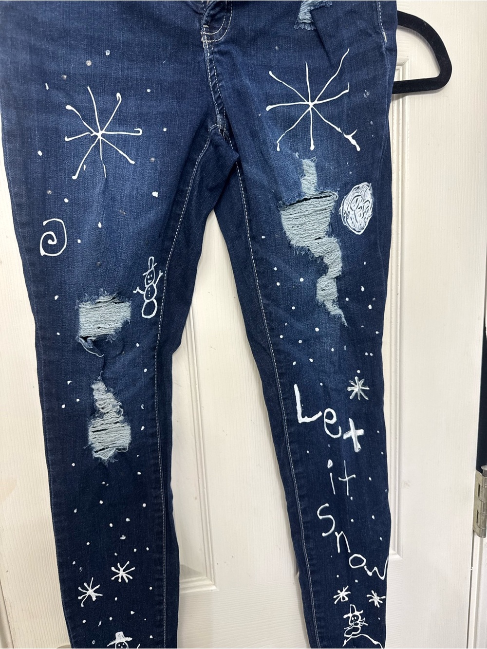 SO Dark Blue Skinny Jeans with White Hand-Painted Snow Motifs